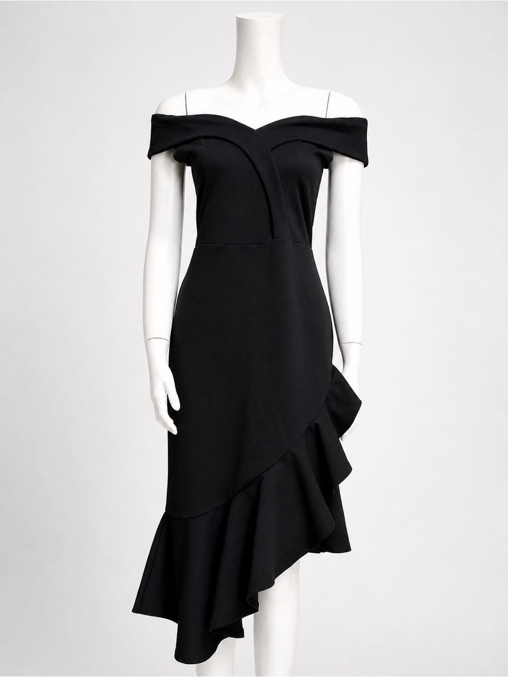 Chic Off-Shoulder Black Ruffle Midi Dress